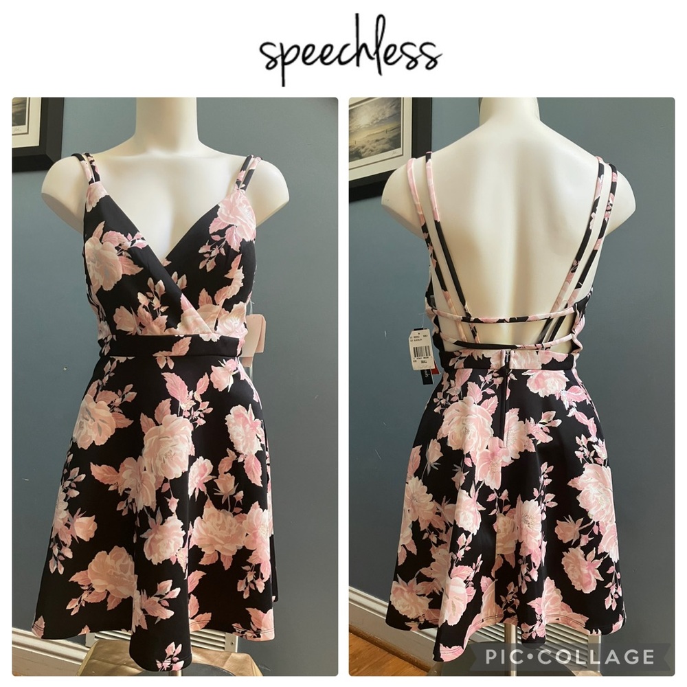 Speechless Black with Pink Floral Strappy Dress Small Juniors NWT